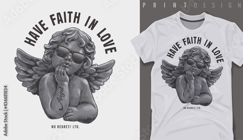 Leinwand Poster Graphic t-shirt design, Love slogan with antique baby angel in sunglasses,vector illustration for t-shirt