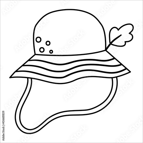 Summer black and white panama hat vector illustration. Cap icon with oak leaf. Hiking or camping head outfit isolated on white background. Outline clothes for active outdoor holidays and tourism.