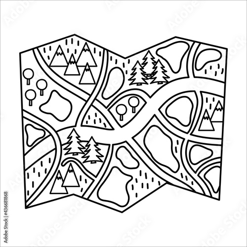Vector black and white illustration of map. Outline forest or woods guide icon. Travel object isolated on white background. Line art vacation infographic element..