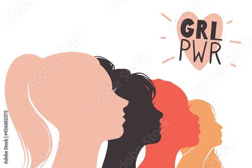 Girls power. Feminism concept. Female profiles and heart sign with abbreviation. Heads silhouettes. Social women movement. Fight for equal rights and opportunities. Vector sisterhood