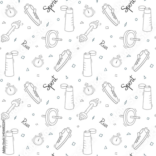 Sneakers with water bottle and other sports equipment. Seamless repeating pattern. Black and white drawings on a white background.