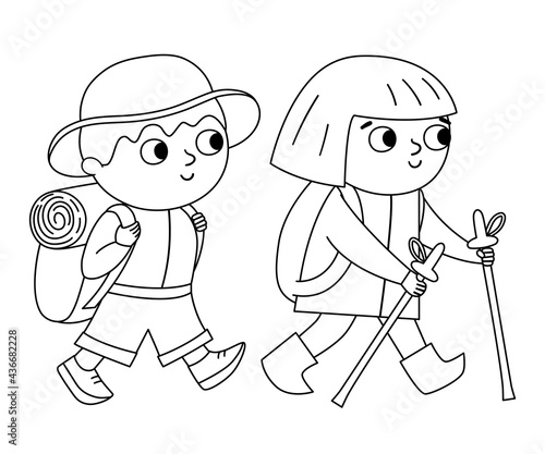 Vector black and white cute boy and girl with backpack. Hiking travelers isolated on white background. Outline tourists icon. Cute line kids doing summer camp activity. Funny hiker illustration.