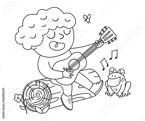 Vector black and white cute boy playing the guitar and singing sitting on a log. Campfire scene with kid and frog. Outline traveler isolated on white background. Outdoor or summer camp tourist icon. .