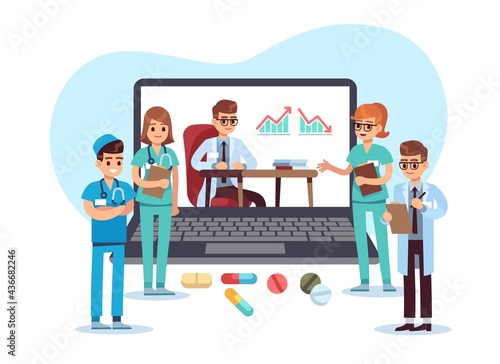 Medical conference video call. Remote online communication with doctors. Web consultation for patients. Hospital workers virtual interaction. Internet teleconference. Vector medicine