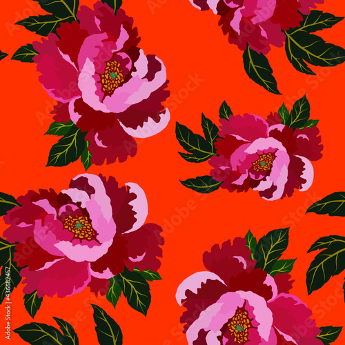 Fototapeta Naklejka Na Ścianę i Meble -  Vintage seamless pattern with colorful peonies for fabric design. Beautiful floral texture. Summer, spring background.	