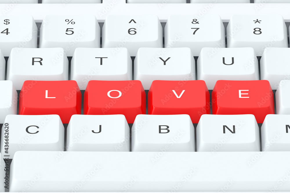 White keyboard with LOVE word made of red keys. 3d render illustration White keyboard with LOVE word made of red keys. 3d render illustration