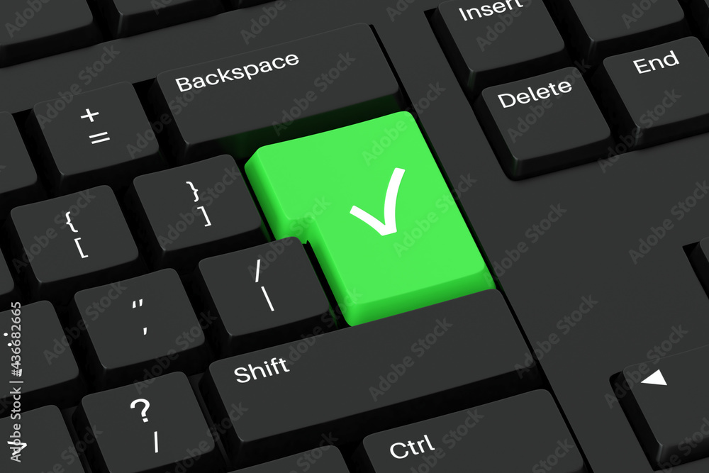 Green tick button on a black keyboard. Normal PC keys with green check
