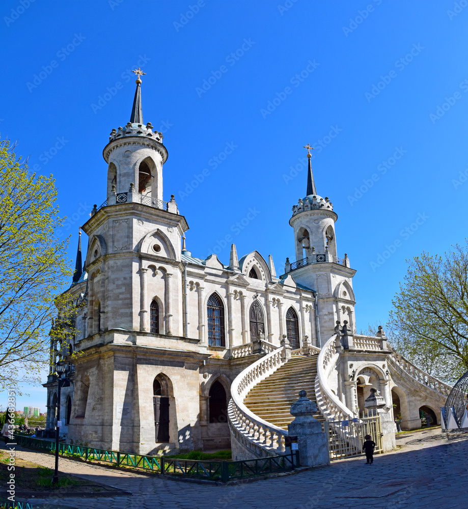 Vladimir Church was built in 1789 by the famous Russian architect Vasily Bazhenov in the pseudo-Gothic style on the territory of the manor of princes Dashkov. Russia, Russia, Moscow region, May 2021.