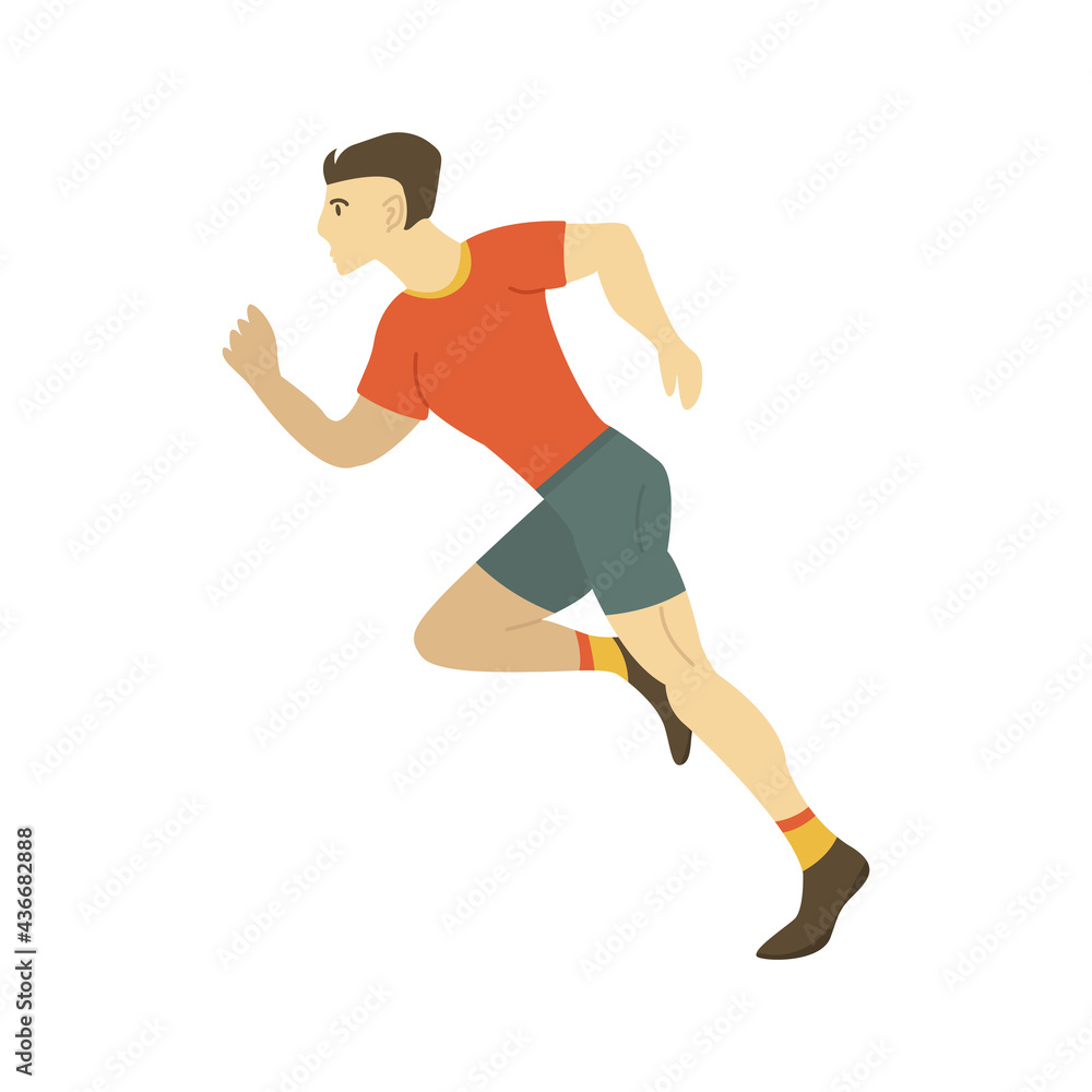 Man runner is running at high speed, athlete is taking part in a race. Side view. Running day. Colorful vector isolated illustration in cartoon style