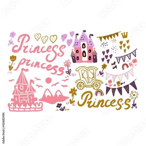 Fairy princess castle vector illustration hand drawn scandinavian style. Patern seamless set print textile background clipart for little girls for the holiday congratulations. pink and gold color cute