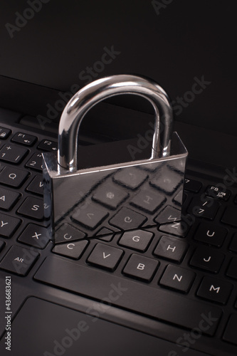 Cyber crime. Internet cyber security concept with a padlock on laptop computer. Ransomware, Malware, Encrypt and Hacking. Data security concept