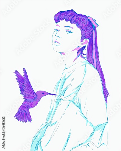 Minimal illustration of a young girl with a hummingbird. photo