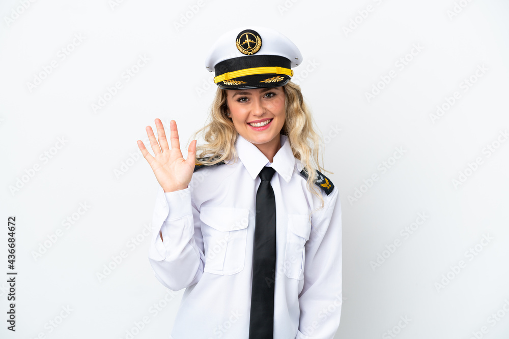 Airplane Brazilian pilot isolated on white background saluting with hand with happy expression Airplane Brazilian pilot isolated on white background saluting with hand with happy expression