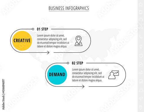 Vector 2 step line infographic from circles with icons. Modern timeline concept for chart, levels, web, diagram, banner, presentations, business, diagram, flowchart