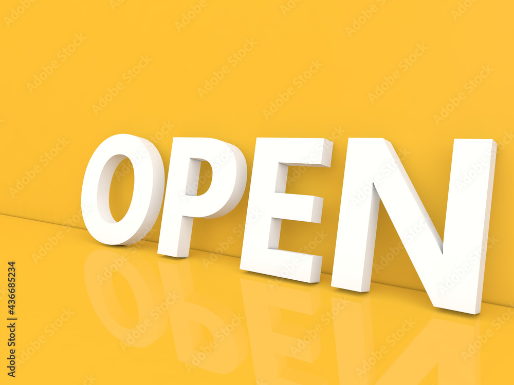 The inscription is open in large letters on a yellow background. 3d render illustration. The inscription is open in large letters on a yellow background. 3d render illustration.