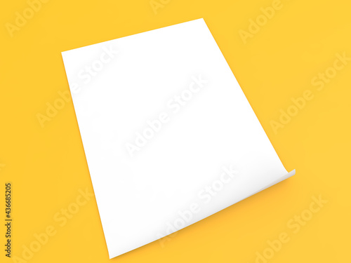 A4 blank sheet of paper on a yellow background. 3d render illustration.