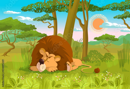 The lion sleeps in the savannah.