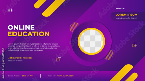 Website banner template for Online education, E-learning, conference event etc. With Purple and yellow modern background