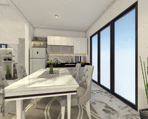 Modern dining room and kitchen design with  luxurious marble table © Febry