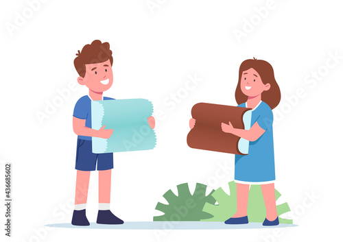 Happy Children Holding Medical Orthopedic Pillow for Healthy Comfortable Sleep. Little Boy and Girl with Foam Cushion