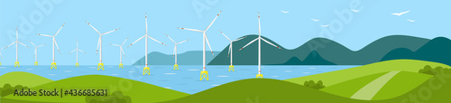 Banner with sea wind generators. Wind farm at sea