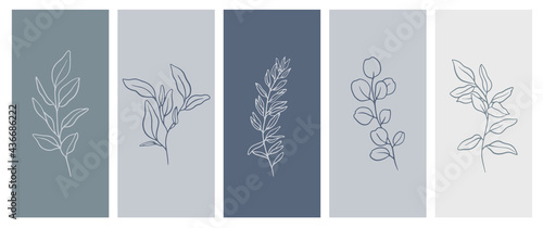 Set of postcards with linear patterns. Floristic pattern. Minimalism