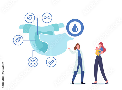 Tiny Female Doctor Pediatrician Character Explain Diaper Properties to Young Mother with Newborn Baby on Hands