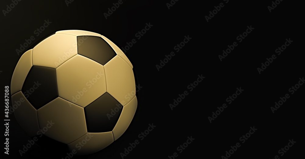 Naklejka premium 3D rendering. A soccer ball on a black background. Soft illumination of the image. Sports equipment. A team game. 3D illustration.