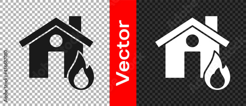 Black Fire in burning house icon isolated on transparent background. Vector
