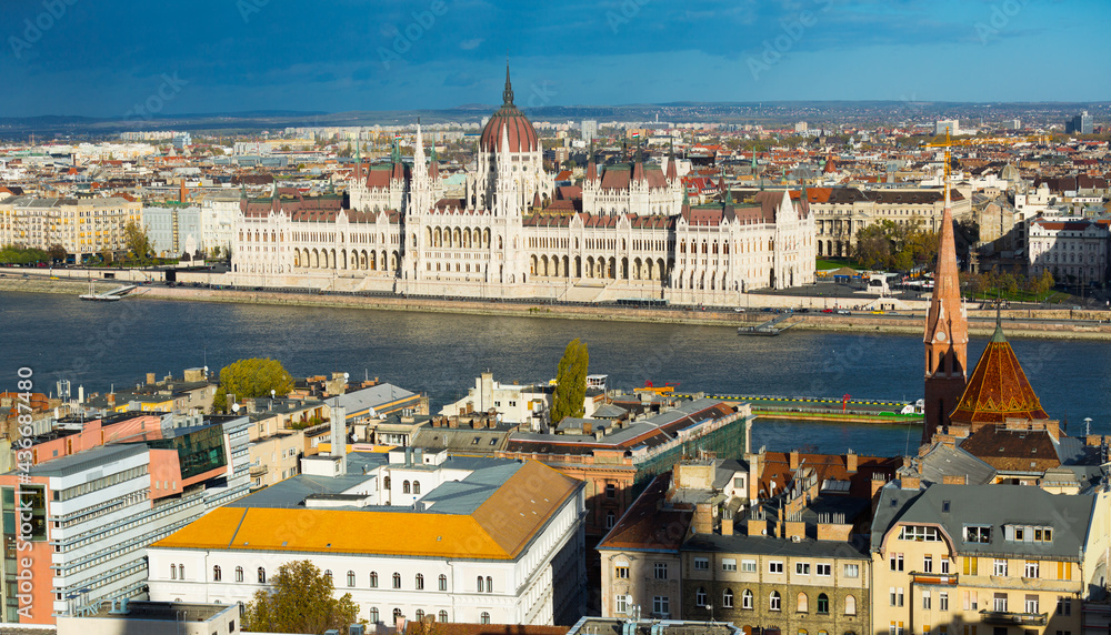 View of Budapest with Hungarian Parliament building on bank of Danube