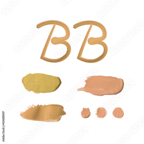 Vector BB cream smears isolated on white background, cosmetic samples, strokes and dots, beige natural skin color.
