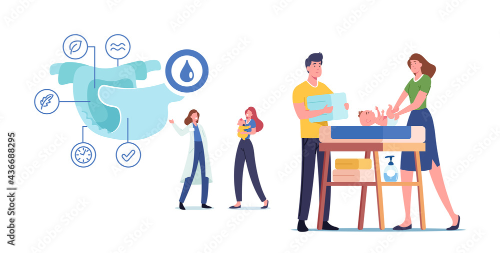 Couple of Parents Stand at Child Table Swaddle and Change Diapers to Newborn Baby. Parenting, Family Swaddling Child Couple of Parents Stand at Child Table Swaddle and Change Diapers to Newborn Baby. Parenting, Family Swaddling Child