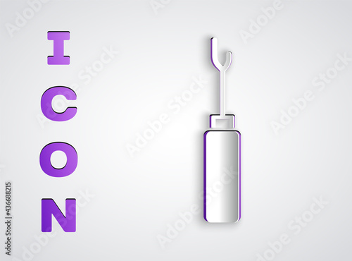 Paper cut Awl tool with wooden handle icon isolated on grey background. Work equipment tailor industry. Paper art style. Vector
