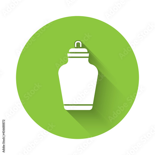 White Funeral urn icon isolated with long shadow. Cremation and burial containers, columbarium vases, jars and pots with ashes. Green circle button. Vector