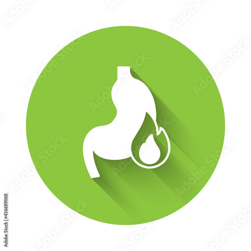 White Stomach heartburn icon isolated with long shadow. Stomach burn. Gastritis and acid reflux, indigestion and stomach pain problems. Green circle button. Vector