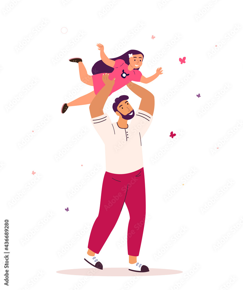 Smiling Father and Daughter Playing with Butterflies.Young Adult Parent.Baby Girl Flying on Dad Hands.Man ,Little Child Kid.Happy Father Day.Family Relatives Have Fun Together.Flat Vector Illustration