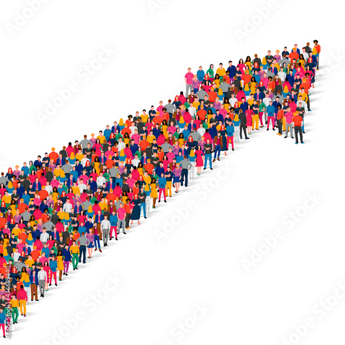 A large group of people are standing in the shape of a large arrow. Crowd. The concept of promotion, enhancement, direction.