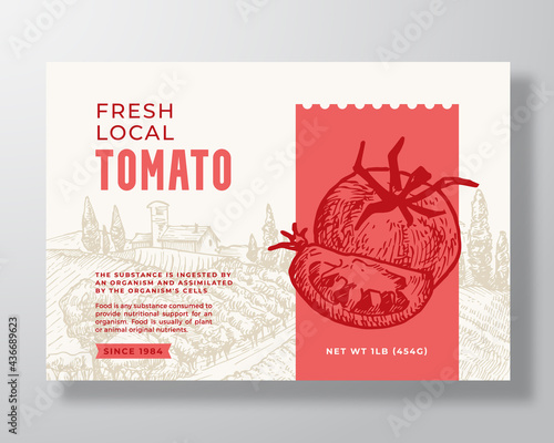 Vegetables Food Label Template. Abstract Vector Packaging Design Layout. Modern Typography Banner with Hand Drawn Tomato with Slice and Rural Landscape Background. Isolated