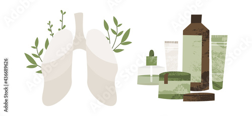 Lungs, respiratory system treatment. Apothecary bottle: tincture, syrup, drop. Homeopathy, naturopathy. Alternative, holistic medicine. Natural organic herb. Pulmonology. Vector flat cartoon illus