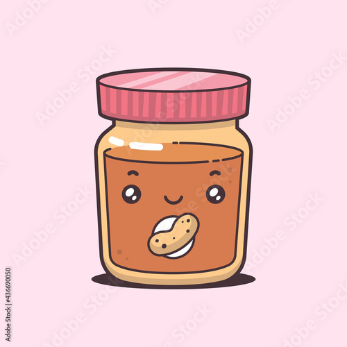 Cute kawaii peanut butter jar mascot cartoon character vector illustration
