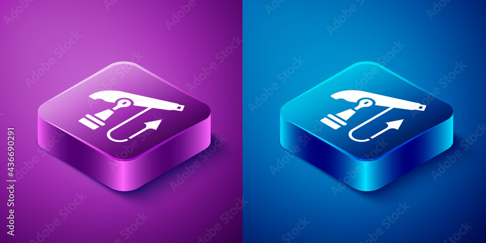 Isometric Fishing harpoon icon isolated on blue and purple background. Fishery manufacturers for catching fish under water. Diving underwater equipment. Square button. Vector Isometric Fishing harpoon icon isolated on blue and purple background. Fishery manufacturers for catching fish under water. Diving underwater equipment. Square button. Vector