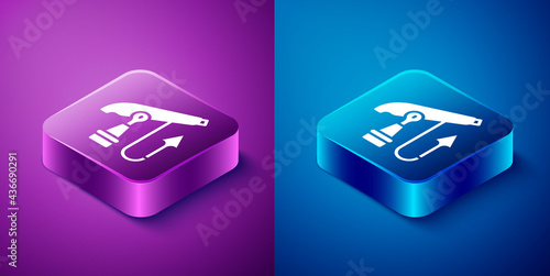 Isometric Fishing harpoon icon isolated on blue and purple background. Fishery manufacturers for catching fish under water. Diving underwater equipment. Square button. Vector