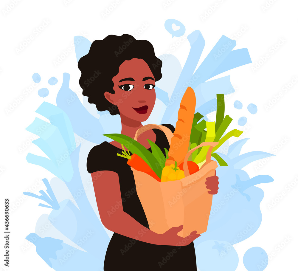 A woman holds a paper bag with groceries. A girl buying food, vegetables, bread. Grocery shopping. A vector cartoon illustration. A woman holds a paper bag with groceries. A girl buying food, vegetables, bread. Grocery shopping. A vector cartoon illustration.