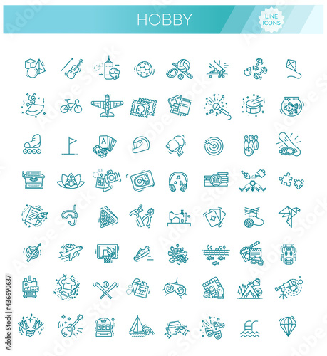 Hobbies and interest detailed line icons set in modern line icon style