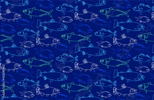 Seamless pattern of linear fish on a blue background