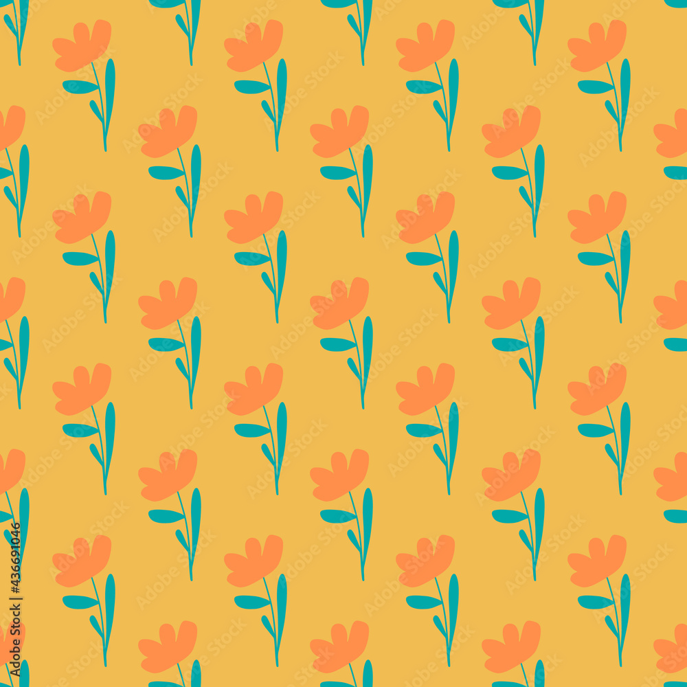 Orange cute simple flowers elements seamless doodle pattern. Yellow background. Summer print.