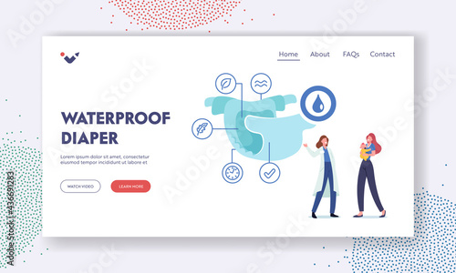 Waterproof Diaper Landing Page Template. Tiny Female Doctor Pediatrician Character Explain Diaper Properties to Mother