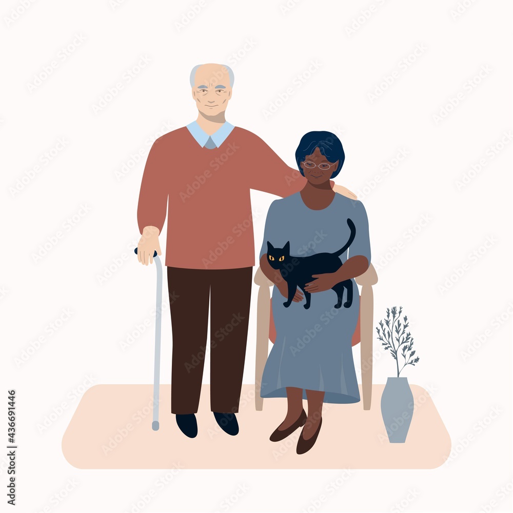 Elderly man and woman relationship, sitting in a chair, marriage, black cat, love, couple, happy old age concept. Grandparents together, cartoon style. Minimalism, vector Elderly man and woman relationship, sitting in a chair, marriage, black cat, love, couple, happy old age concept. Grandparents together, cartoon style. Minimalism, vector