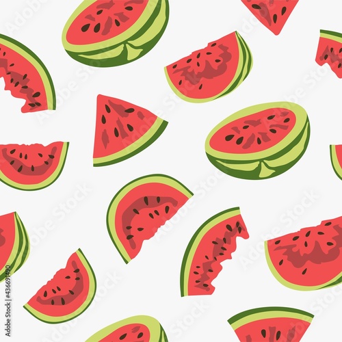 Fototapeta Naklejka Na Ścianę i Meble -  Seamless natural summer pattern,  watermelons on a white background. Hand drawing. Design for textiles, wallpapers, printed products. Vector illustration