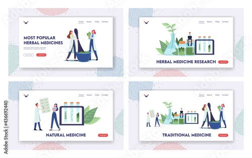 Traditional Medicine Landing Page Template Set. Natural Herbal Medication Researches in Laboratory. Medical Homeopathy